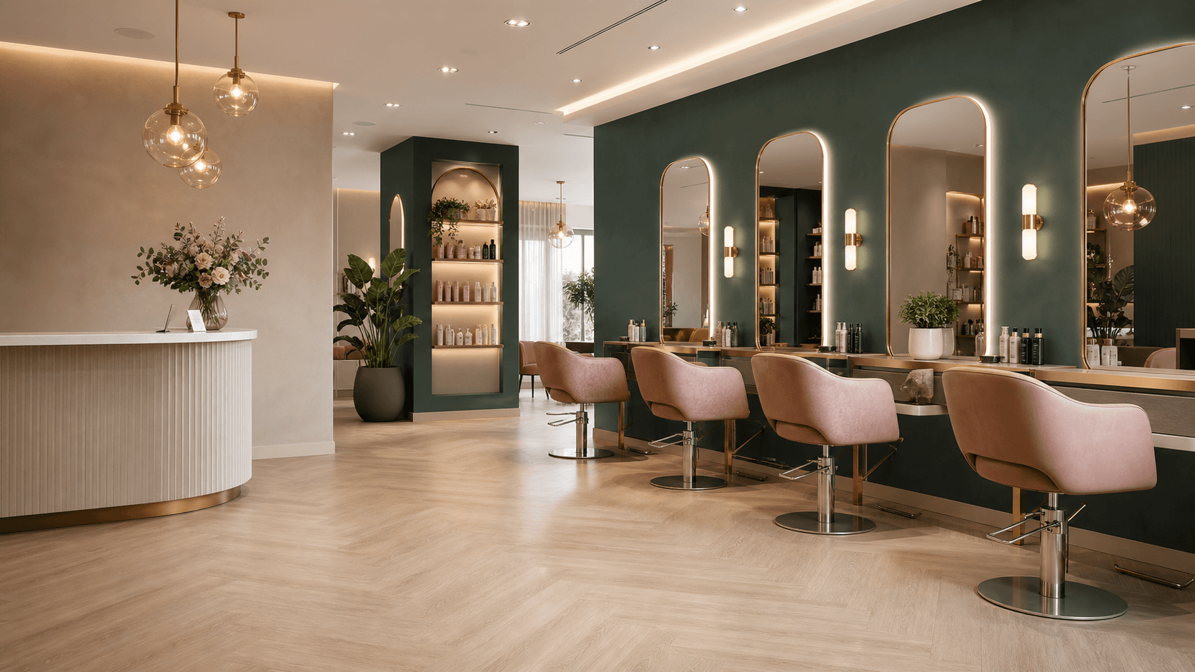 Recepcion y zona de styling de un salon moderno