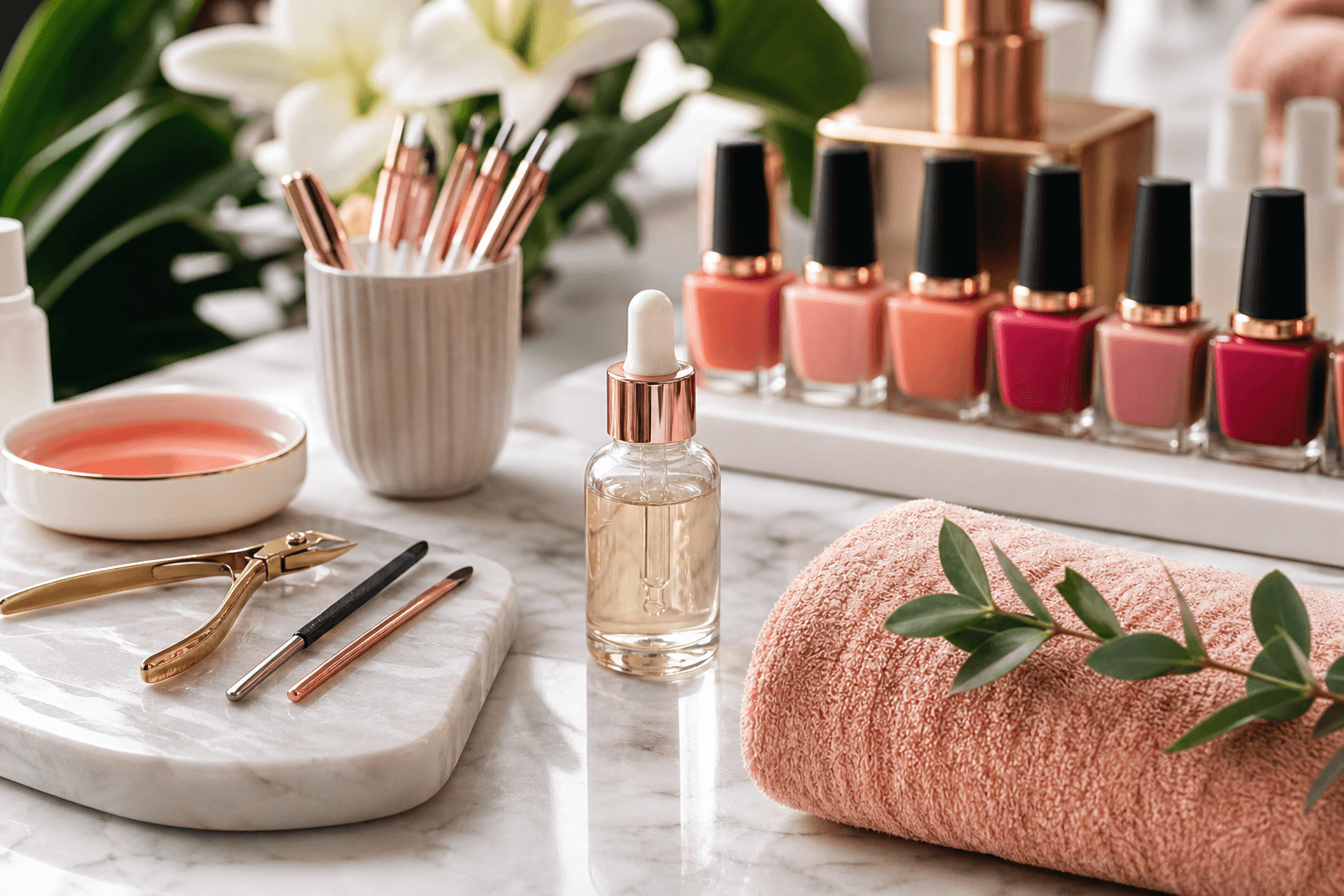 Detalle premium de manicure y skincare en salon